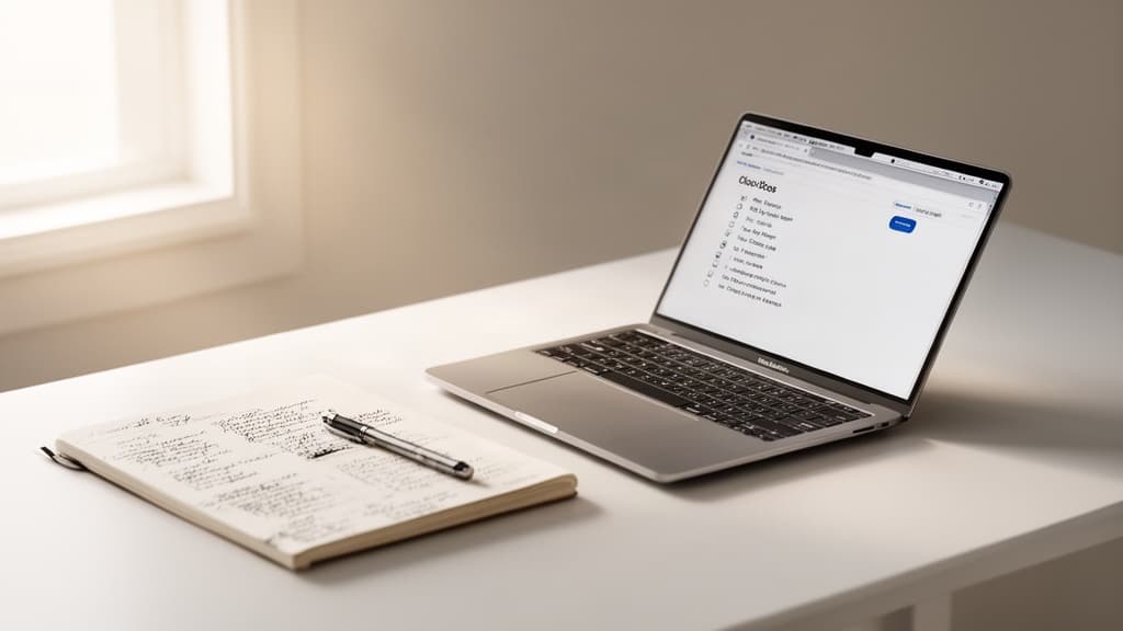 Mesa de trabalho organizada com laptop abrindo um checklist e anotações manuais, iluminada por luz natural