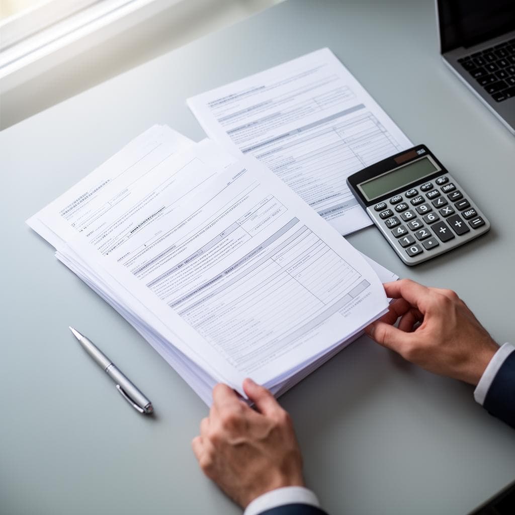 Mesa minimalista com documentos organizados, calculadora e caneta, simbolizando a checagem de atividades permitidas no MEI antes da formalização.