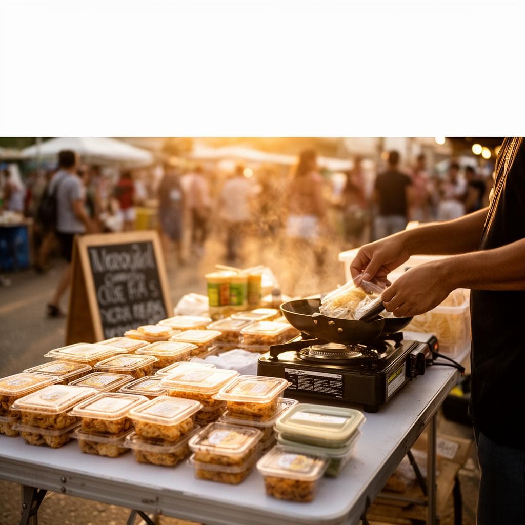 Barraca simples de comida caseira em feira de rua, com mesa dobradica, embalagens transparentes e fornecedor preparando um pedido na luz da manhã