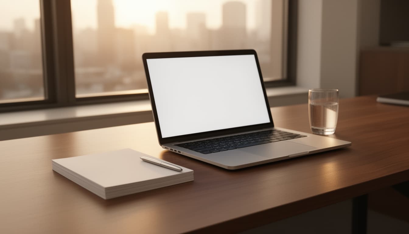 Mesa de trabalho organizada com notebook, bloco de anotações e caneta sob luz natural, representando preparação para atendimento corporativo.