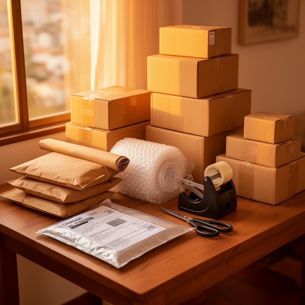 Mesa organizada em casa com caixas, embalagens e material de envio preparados para vender pela internet