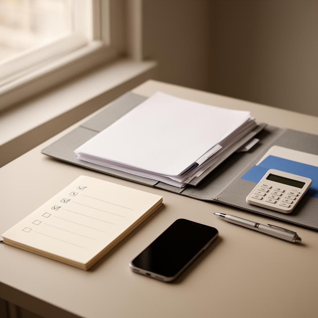 Mesa organizada com documentos, calculadora e caderno ao lado de uma janela iluminada, transmitindo organização financeira.