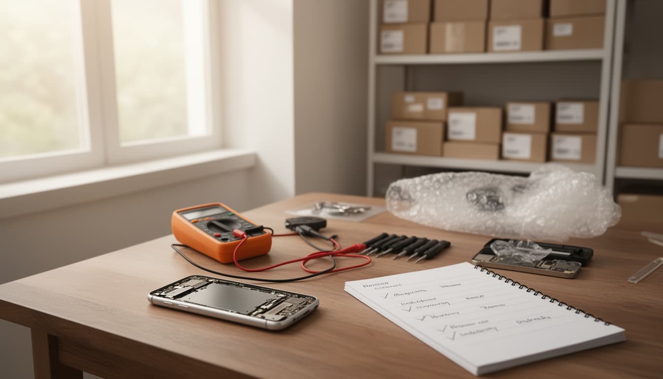 Mesa de trabalho organizada com ferramentas eletrônicas, planilha de custos e caixas de envio, transmitindo organização e profissionalismo