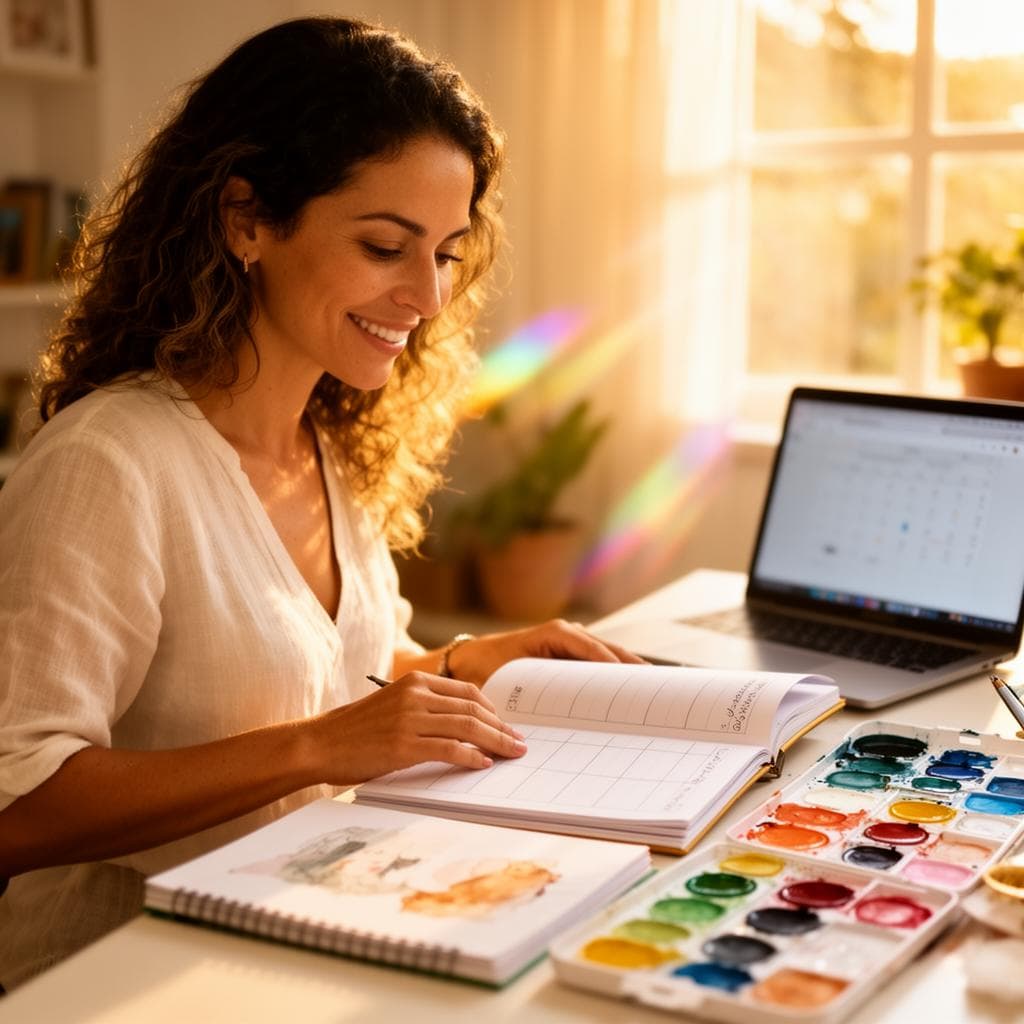 Pessoa organizando materiais de um hobby ao lado de um notebook e uma agenda em um espaço de trabalho iluminado, simbolizando a transição de habilidade pessoal para serviço com agenda.