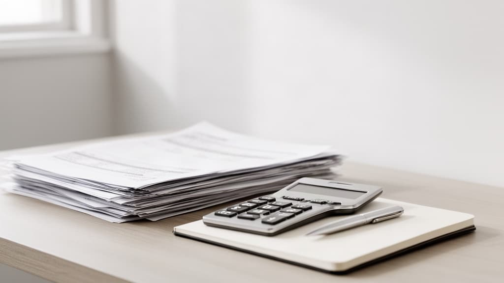 Mesa de trabalho minimalista com documentos financeiros organizados, calculadora e caderno aberto, simbolizando controle fiscal e planejamento para MEI.