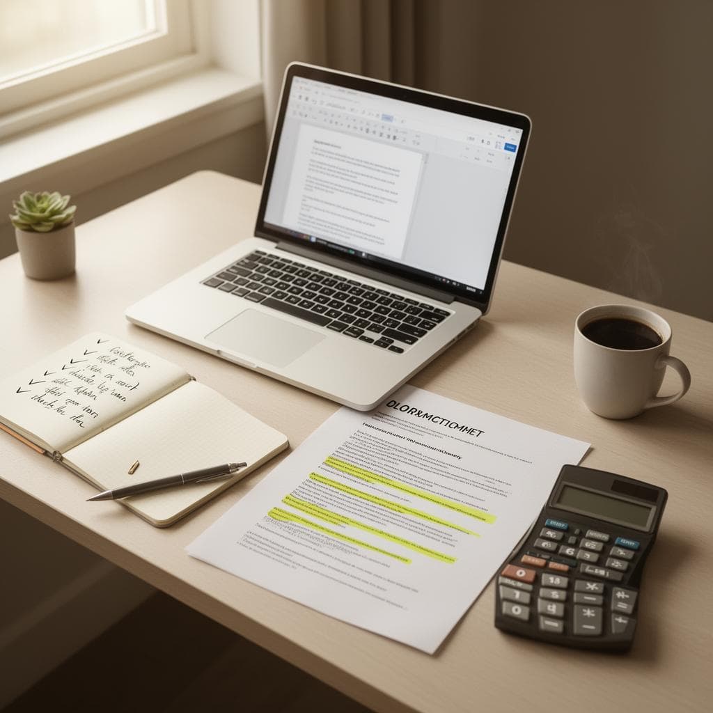 Mesa de trabalho organizada com laptop, caderno com anotações e contrato destacado, sob luz natural