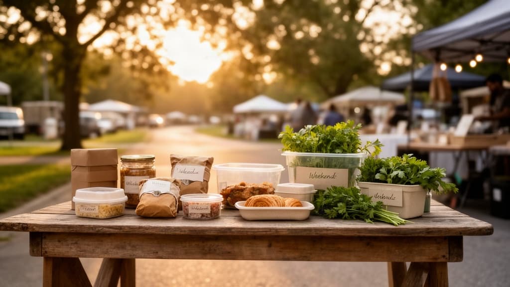Mesa externa com alimentos caseiros embalados de forma simples, iluminada pela luz do dia em ambiente de comunidade