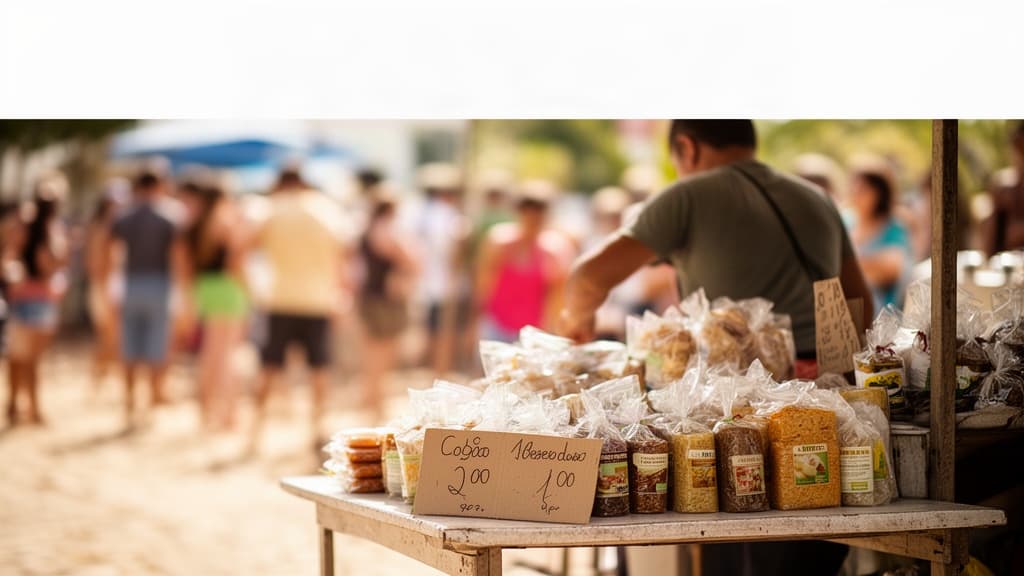 Barraca de comida caseira em feira de bairro num fim de semana ensolarado, com vendedor organizando os produtos e pessoas passando ao fundo