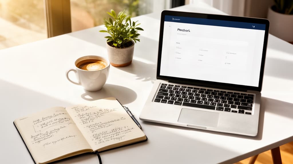 Mesa de trabalho organizada com caderno e laptop em ambiente iluminado