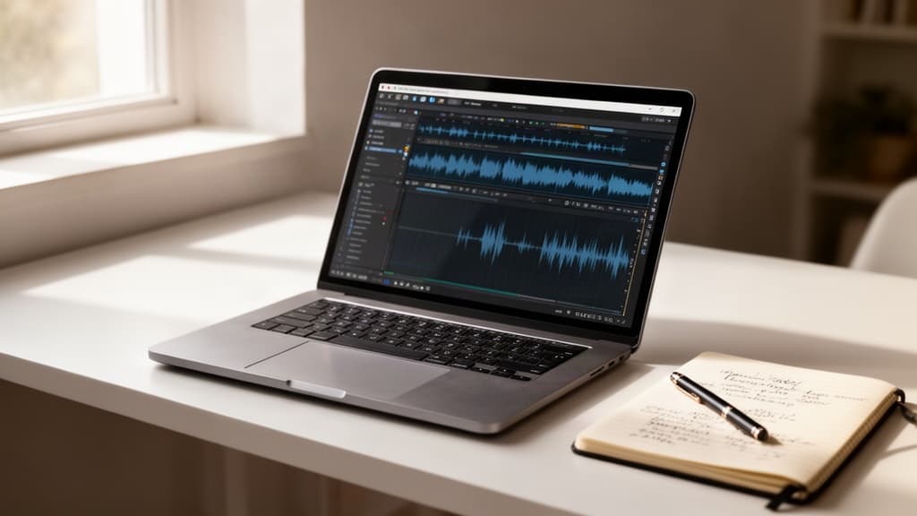 Escritório doméstico organizado com laptop mostrando edição de áudio e caderno com anotações manuais, iluminado por luz natural