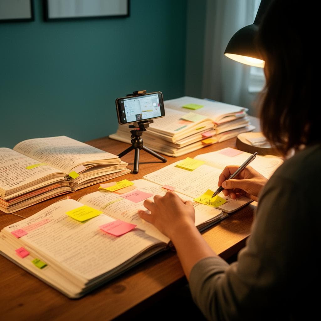 Pessoa organizando cadernos cheios de anotações em uma mesa iluminada, com celular apoiado para gravar o processo de transformar anotações em material de estudo