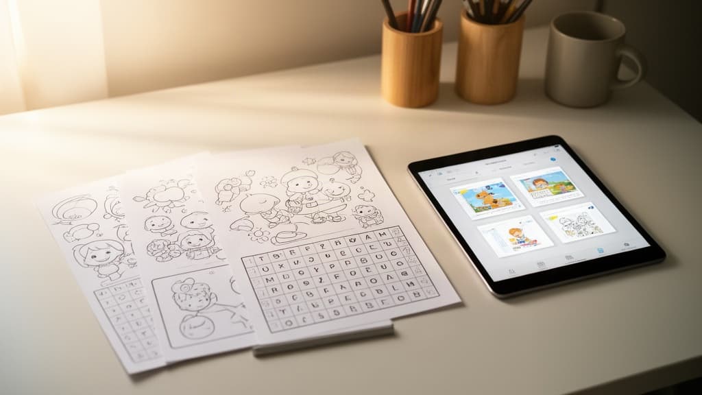 Mesa de trabalho doméstica organizada com folhas de atividades infantis impressas e um tablet mostrando arquivos digitais, sob luz natural quente